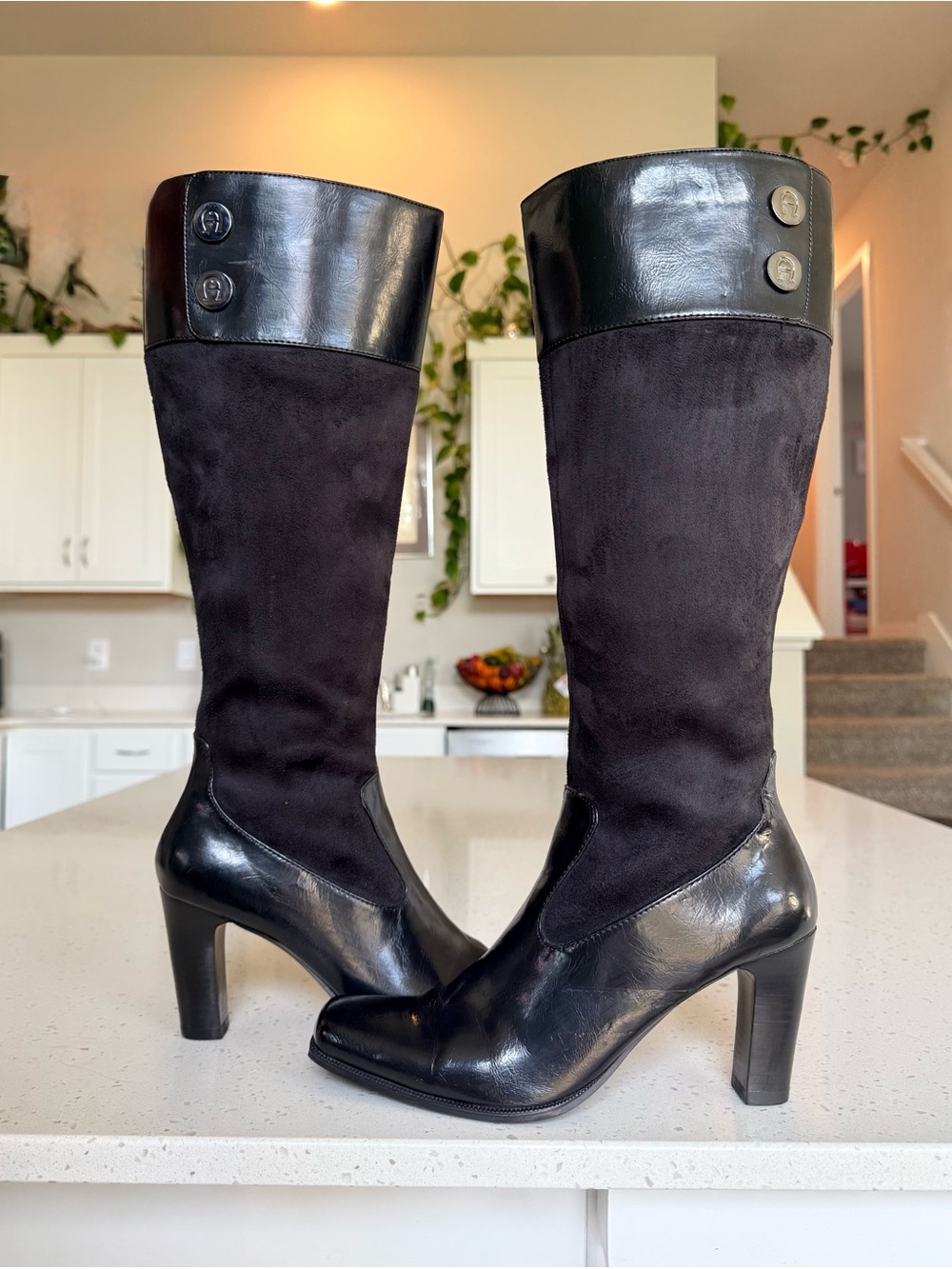 Etienne Aigner Black Leather & Suede Knee Boots